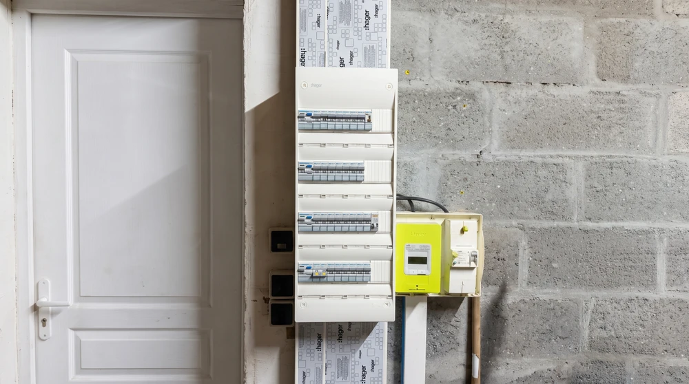 Tableau électrique mural de marque Hager, installé dans un couloir entre une porte blanche et un mur en parpaings