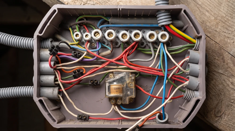 Boîtier de dérivation électrique ouvert, fixé sur une poutre en bois