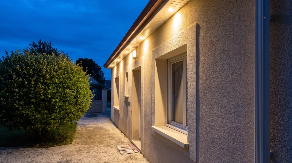 Façade d'une maison individuelle au crépuscule, éclairée par des appliques murales et spots encastrés de sous-toiture LED chauds