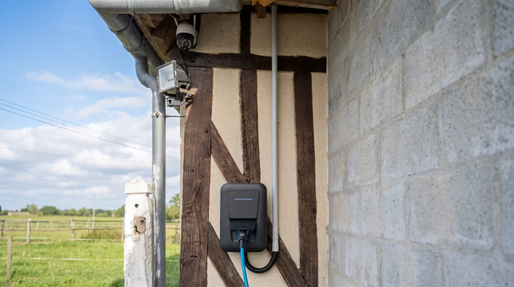 Borne de recharge pour véhicule électrique installée en extérieur sur un mur à colombages, câble Type 2 bleu connecté