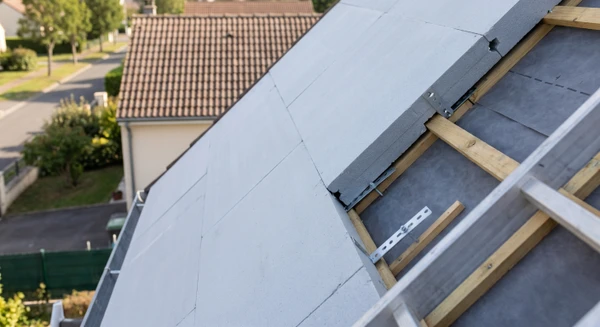 Détail de la toiture d'une maison en cours de rénovation, montrant l'isolation thermique par l'extérieur en finition. Vue depuis une échelle, isolant rigide blanc ou gris fixé sur la structure de toiture inclinée, avec membrane d'étanchéité noire ou grise en place. Bois apparent de la charpente visible, détails de fixation des panneaux isolants, environnement de jour naturel. Maison résidentielle typique, gros plan technique et professionnel mettant en évidence la qualité du travail d'isolation et d'étanchéité.