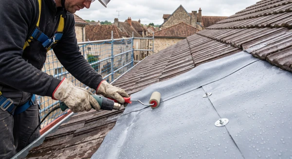 Détail photographique en gros plan d'une toiture pendant des travaux d'étanchéité, montrant l'application ou la pose d'une membrane d'étanchéité (bitumineuse ou synthétique) sur la pente d'une toiture. Matériau gris, noir ou blanc clairement visible, fixation mécanique ou collage en cours. Surface de la toiture légèrement mouillée ou humide, suggérant les conditions d'un environnement extérieur. Mains d'un ouvrier qualifié en gants de travail manipulant ou lissant le matériau. Environnement de jour naturel, éclairage rasant soulignant les détails de texture. Cadrage professionnel et technique mettant l'accent sur la qualité et la rigueur du travail d'étanchéification, sans texte ni logo visible.