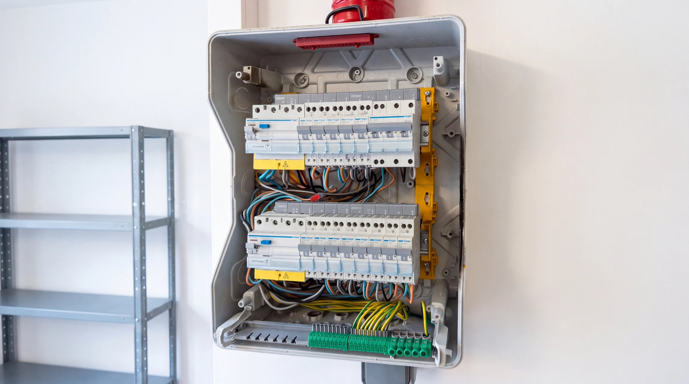 Tableau électrique ouvert, monté en saillie sur mur blanc, intérieur